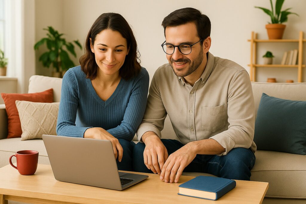 Couple reviewing financing details on a laptop in a minimalist, bright living room, symbolizing simplicity and accessibility of HVAC financing options.