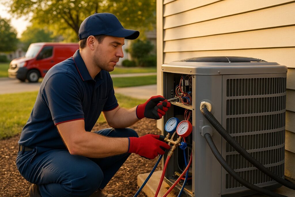 HVAC technician servicing a residential air conditioning unit beside a home in a quiet neighborhood with a work van in the background and warm natural lighting