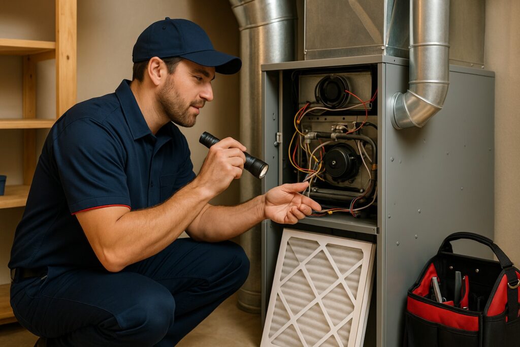 HVAC technician kneeling to inspect and service a residential gas furnace in a clean, well-lit utility room, highlighting expert heating services.