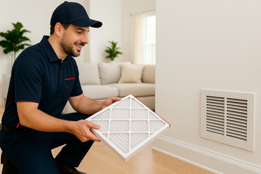 HVAC technician kneeling with a clean air filter in a bright living room, representing indoor air quality services and filter replacement support