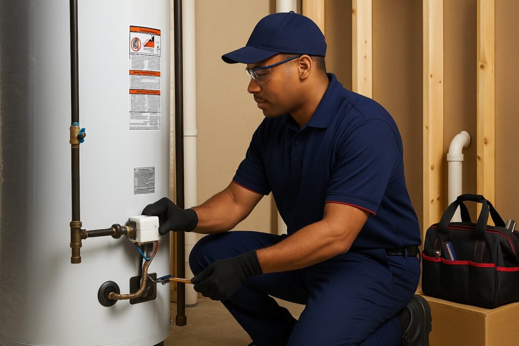 HVAC technician servicing a residential tank water heater in a utility room with exposed framing, representing professional water heater replacement service