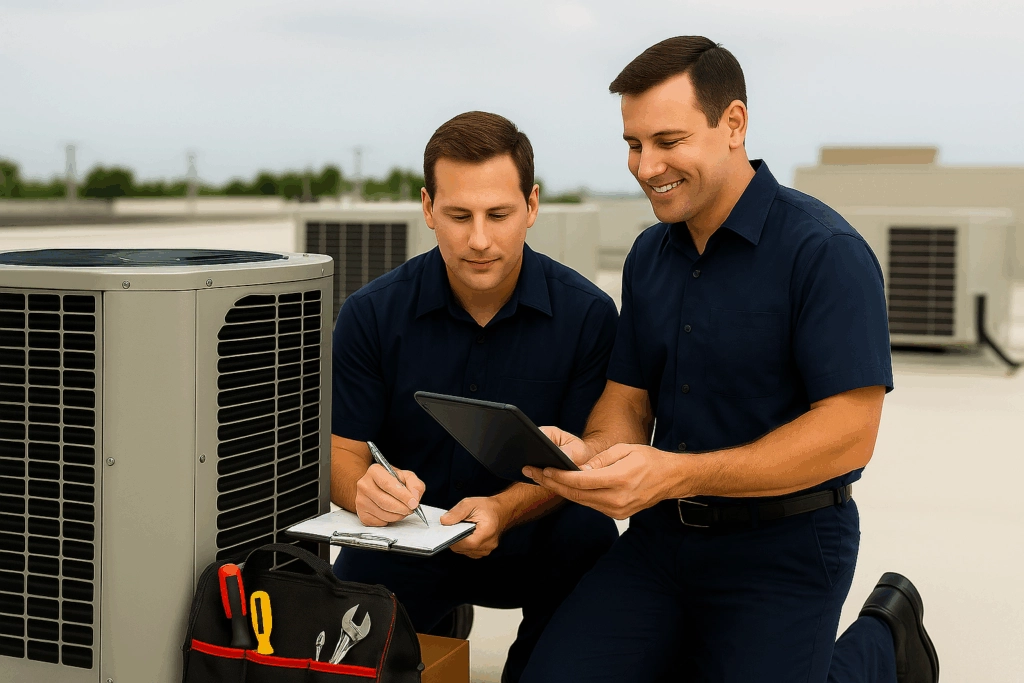 Two HVAC technicians reviewing notes beside a commercial rooftop HVAC unit with a varied tool bag in front, representing expert commercial HVAC services.