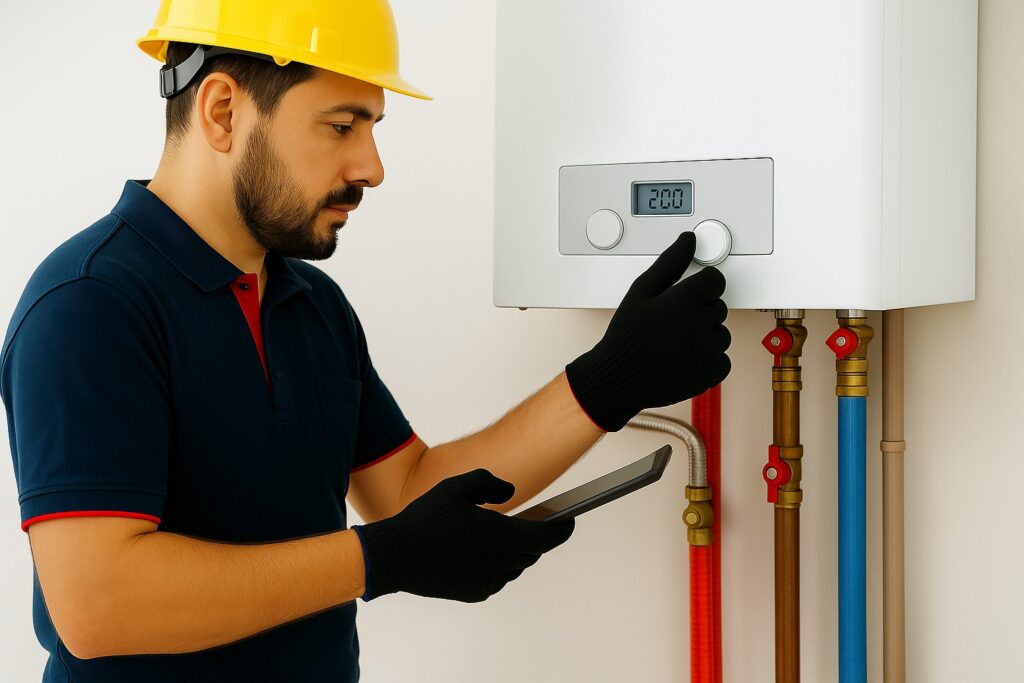 HVAC technician in navy and red uniform adjusting a modern boiler control while monitoring settings on a tablet, in a clean space with color-coded piping